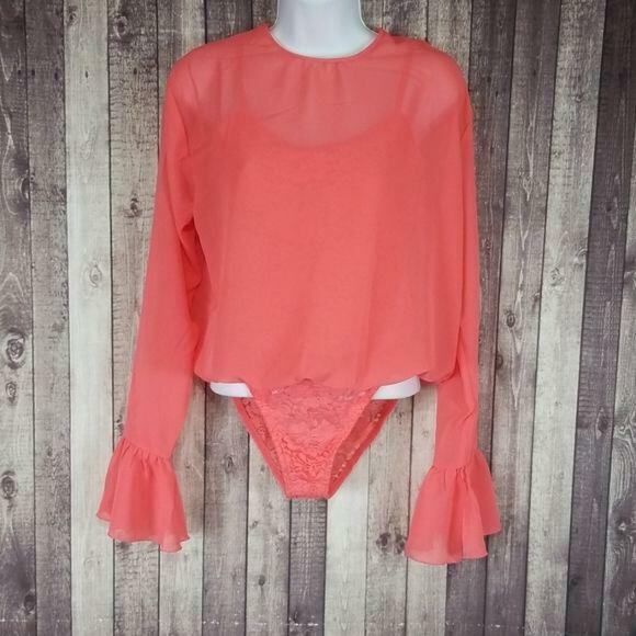 Hot as Hell Coral C It Through Lace Mesh Long Sleeve Bodysuit NEW - Picture 3 of 8